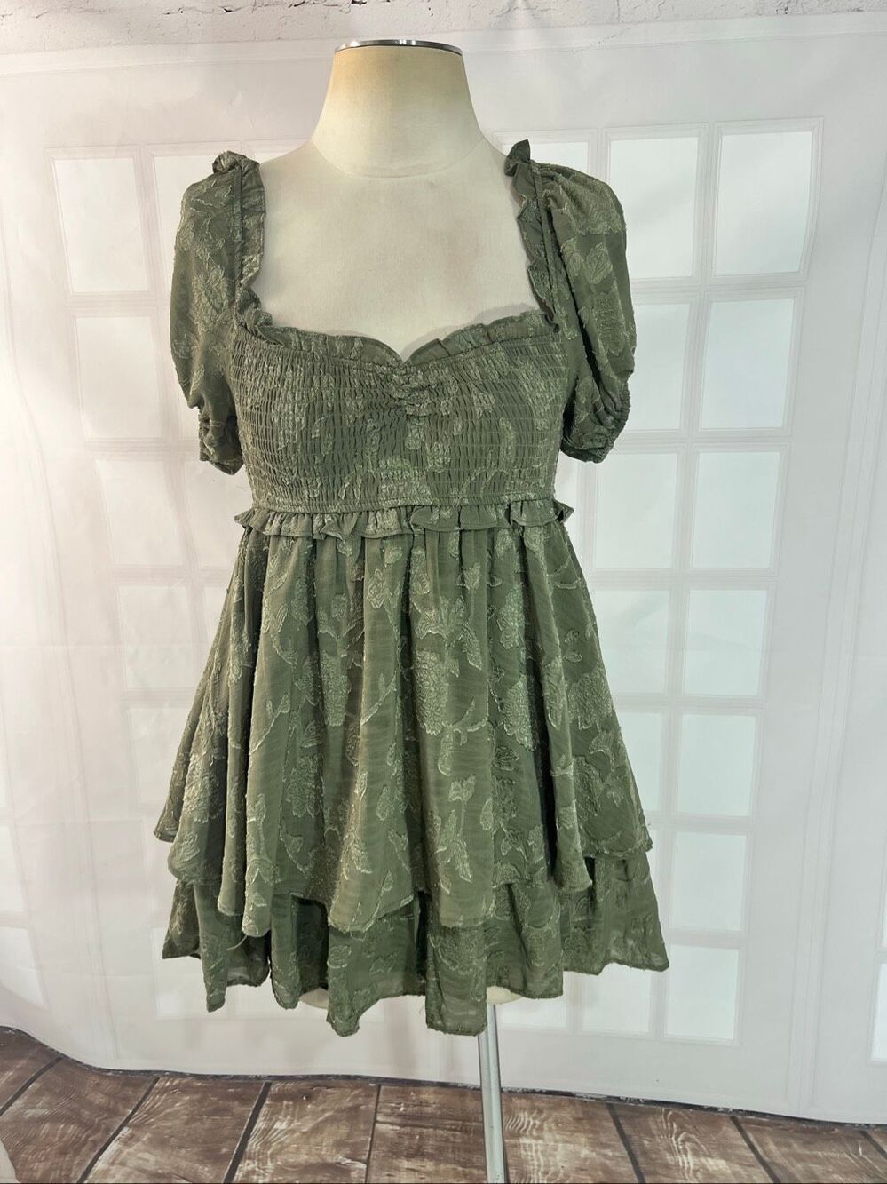 Altar’d State Olive Green Smocked Jacquard Puff Sleeve Layered Mini Dress Small